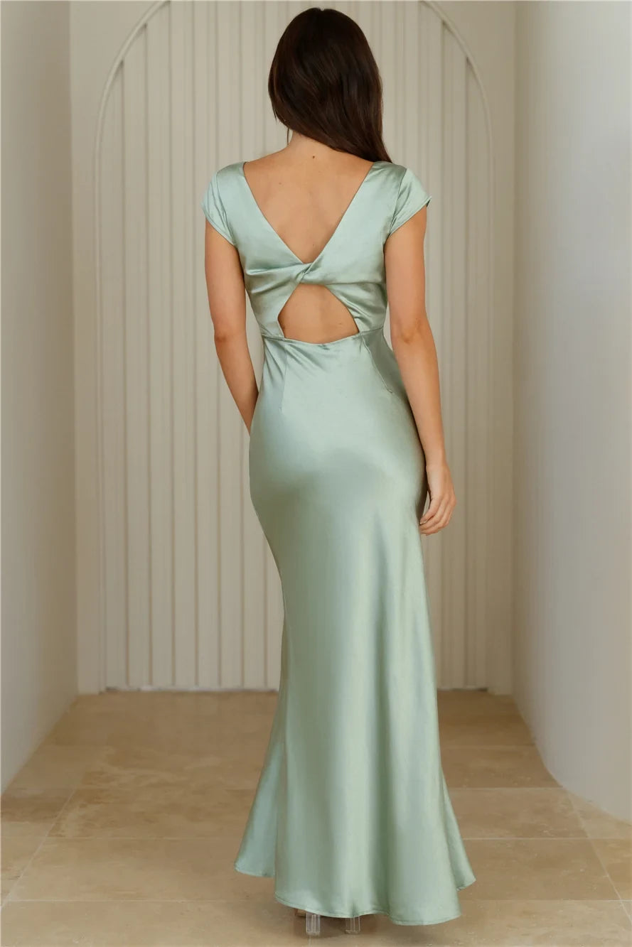 Elegant Mermaid Deep V-Neck Cap Sleeve Backless Sage Green Floor Prom Gown