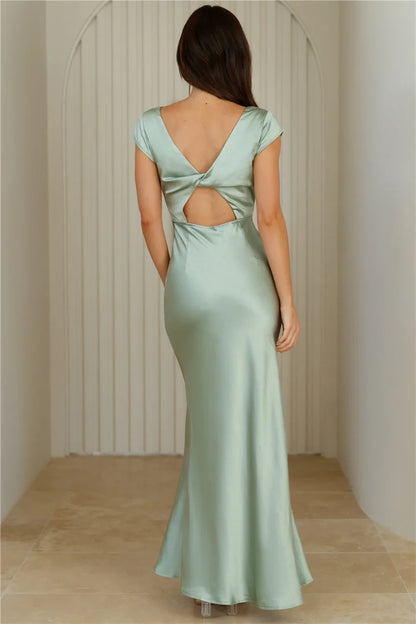 Elegant Mermaid Deep V-Neck Cap Sleeve Backless Sage Green Floor Prom Gown
