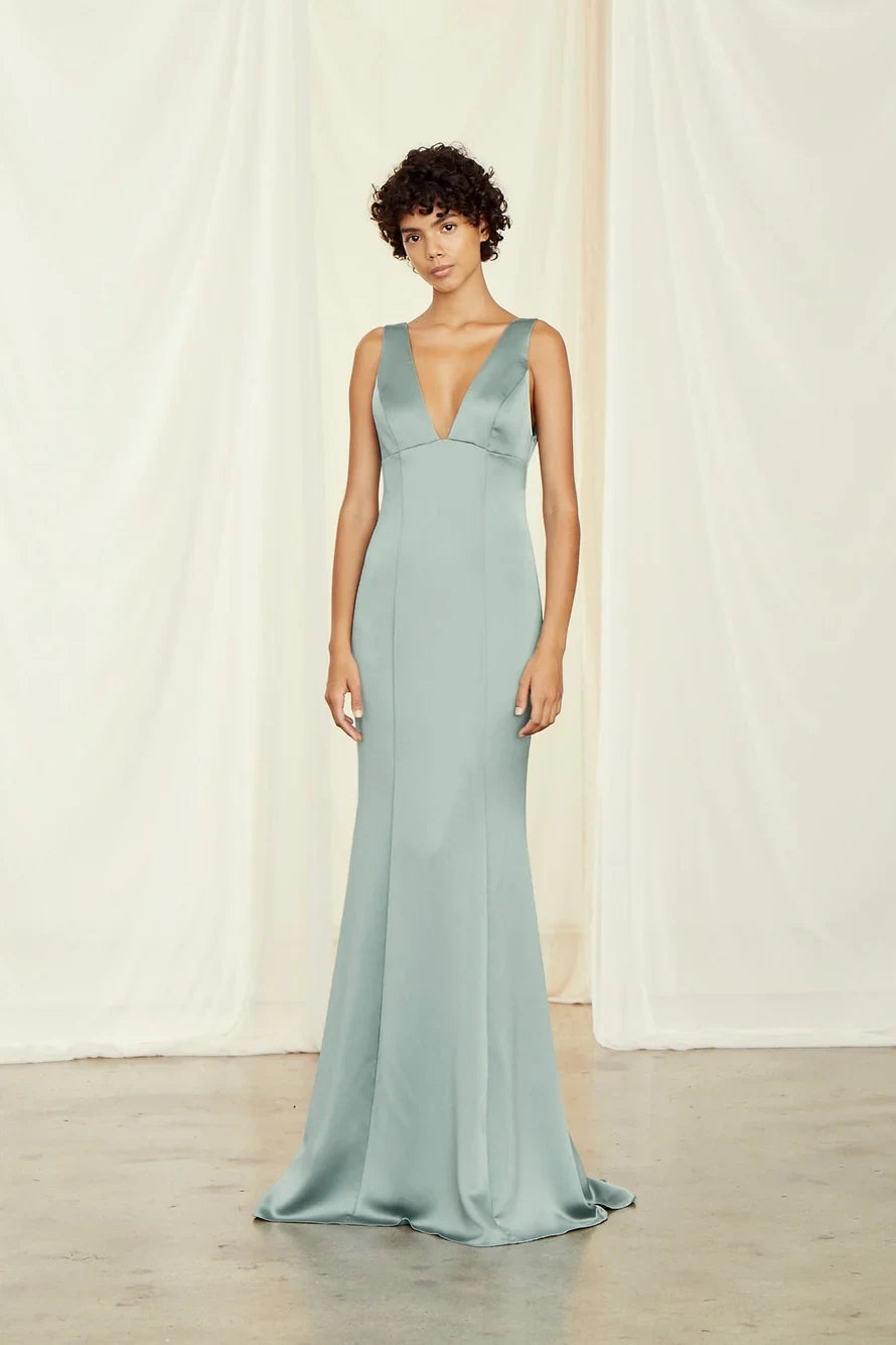 Elegant Mermaid Deep V-Neck Sleeveless Chic Sage Green Floor-Length Bridesmaid Dress Women's Gown