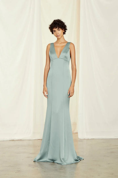 Elegant Mermaid Deep V-Neck Sleeveless Chic Sage Green Floor-Length Bridesmaid Dress Women's Gown