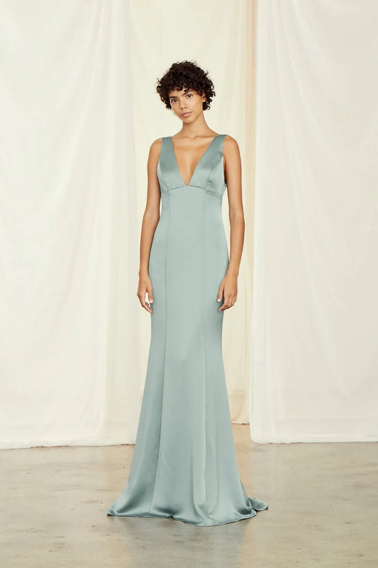 Elegant Mermaid Deep V-Neck Sleeveless Chic Sage Green Floor-Length Bridesmaid Dress Women's Gown