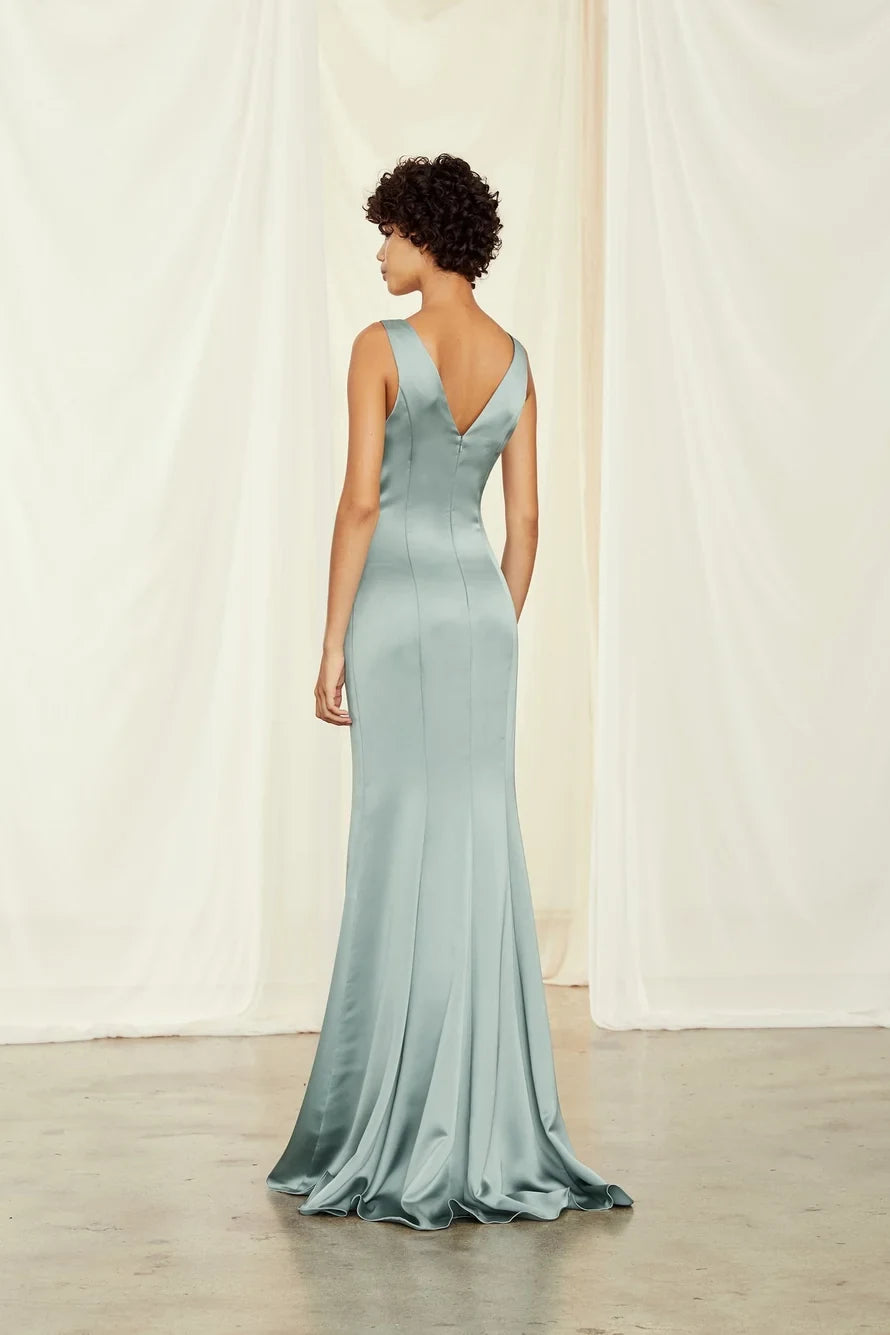 Elegant Mermaid Deep V-Neck Sleeveless Chic Sage Green Floor-Length Bridesmaid Dress Women's Gown
