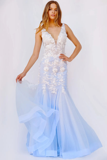 Elegant Mermaid Deep V-Neck Sleeveless Floral Beaded Light Blue Floor Evening Dress