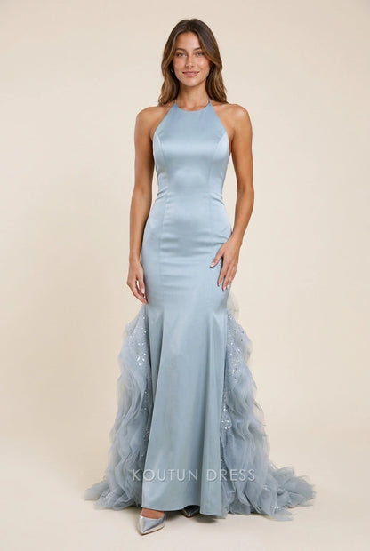 Elegant Mermaid Halter Neck Ruffled Sequin Dusty Blue Floor-Length Prom Dresses