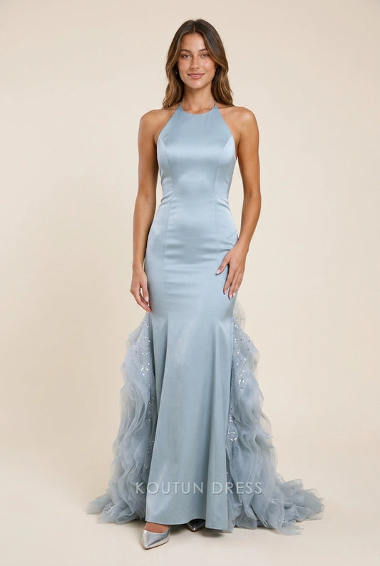 Elegant Mermaid Halter Neck Ruffled Sequin Dusty Blue Floor-Length Prom Dresses