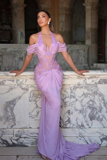 Elegant Mermaid Halter Off-Shoulder Embellished Lavender Floor-Length Prom Dresses Gown