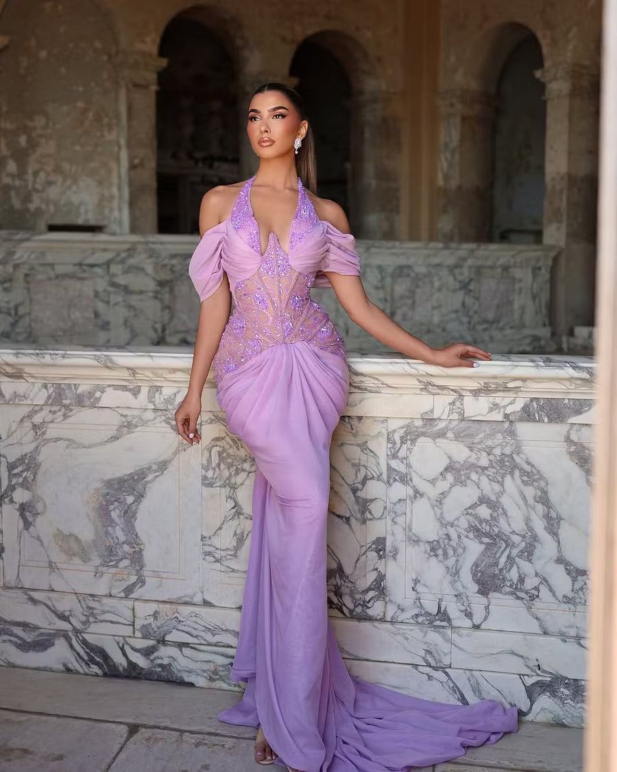 Elegant Mermaid Halter Off-Shoulder Embellished Lavender Floor-Length Prom Dresses Gown