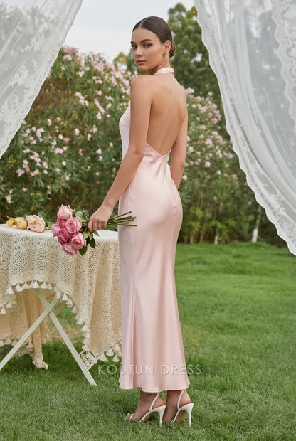 Elegant Mermaid Halter Sleeveless Backless Bow Pink Floor-Length Prom Dresses Women's Gown