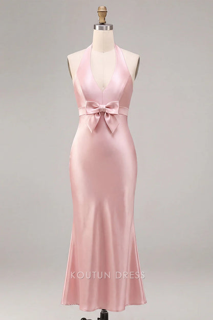 Elegant Mermaid Halter Sleeveless Backless Bow Pink Floor-Length Prom Dresses Women's Gown