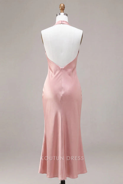 Elegant Mermaid Halter Sleeveless Backless Bow Pink Floor-Length Prom Dresses Women's Gown