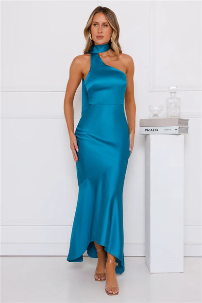 Elegant Mermaid Halter Sleeveless Backless Draped Teal Maxi Evening Dresses Women