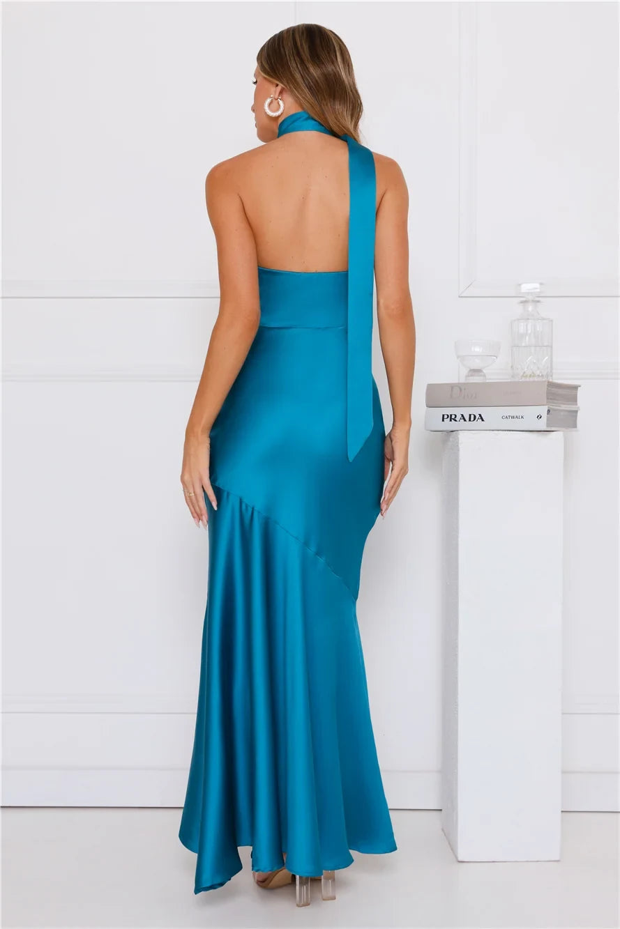 Elegant Mermaid Halter Sleeveless Backless Draped Teal Maxi Evening Dresses Women