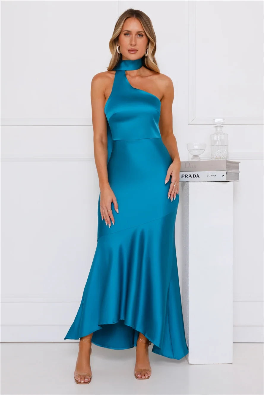 Elegant Mermaid Halter Sleeveless Backless Draped Teal Maxi Evening Dresses Women