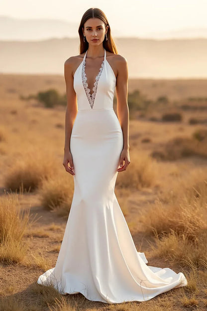 Elegant Mermaid Halter Sleeveless Backless Lace White Floor-Length Wedding Dresses Bridal Gown
