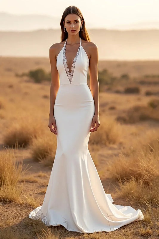 Elegant Mermaid Halter Sleeveless Backless Lace White Floor-Length Wedding Dresses Bridal Gown