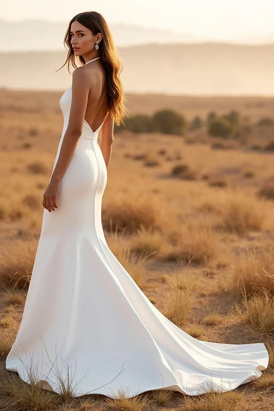 Elegant Mermaid Halter Sleeveless Backless Lace White Floor-Length Wedding Dresses Bridal Gown