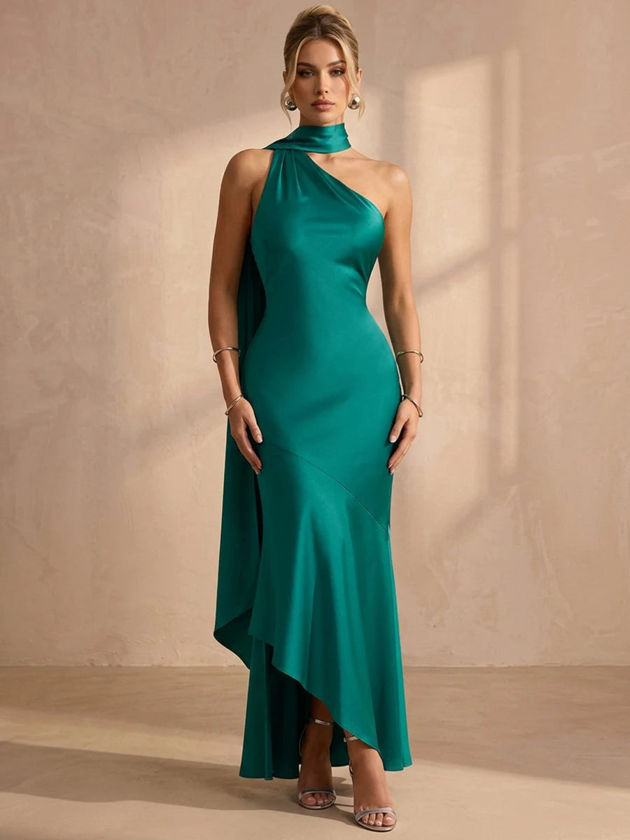 Elegant Mermaid Halter Sleeveless Draped Cape Emerald Maxi Prom Dresses Women