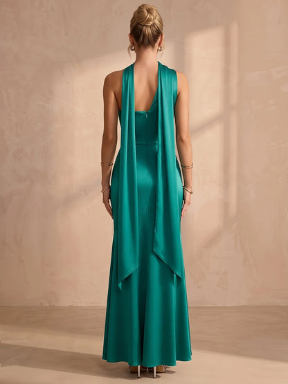 Elegant Mermaid Halter Sleeveless Draped Cape Emerald Maxi Prom Dresses Women