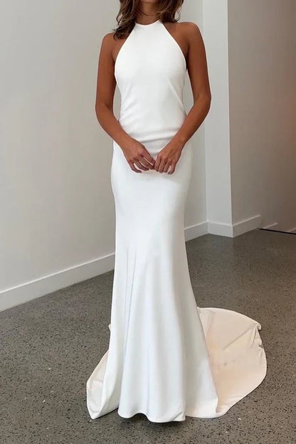 Elegant Mermaid Halter Sleeveless Modern Minimalist White Floor-Length Wedding Dresses for Brides