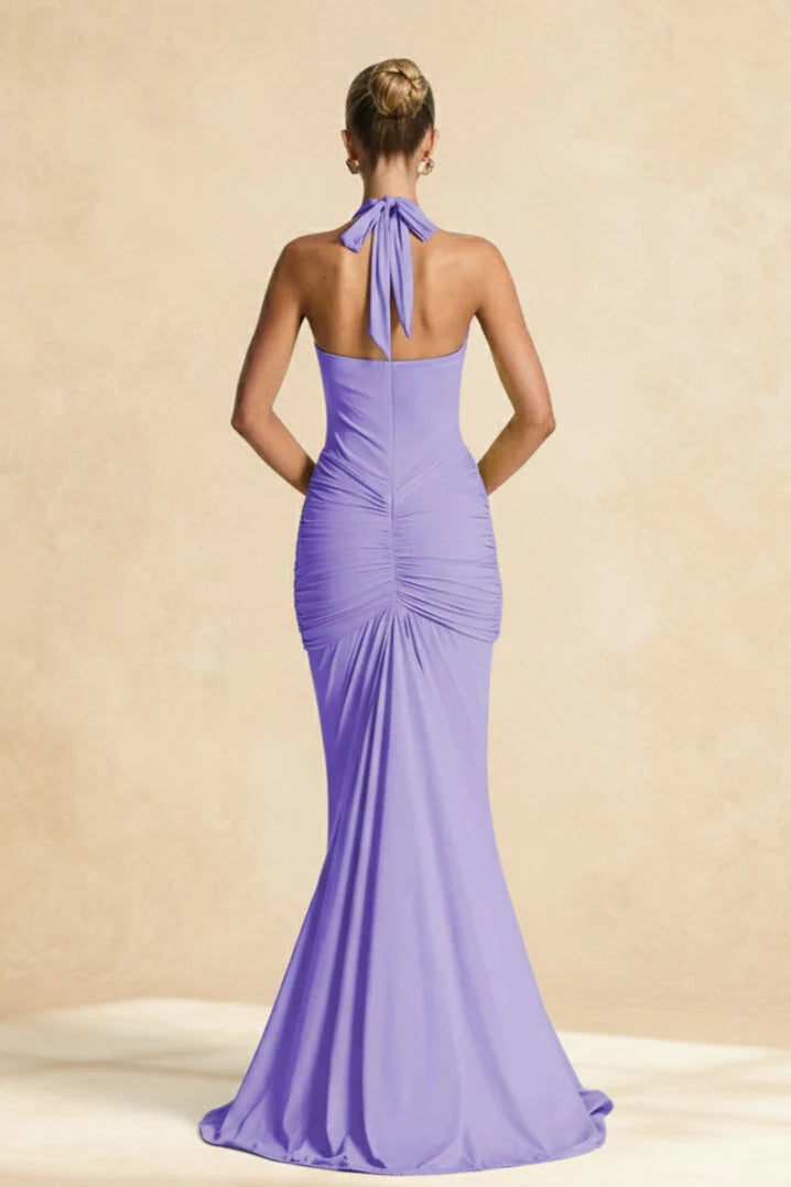 Elegant Mermaid Halter Sleeveless Ruched Flowy Lavender Floor-Length Prom Dresses Women's Gown