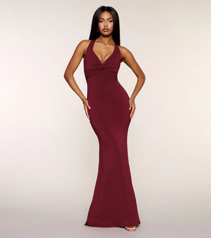 Elegant Mermaid Halter Sleeveless Twisted Front Wine Floor-Length Evening Dress