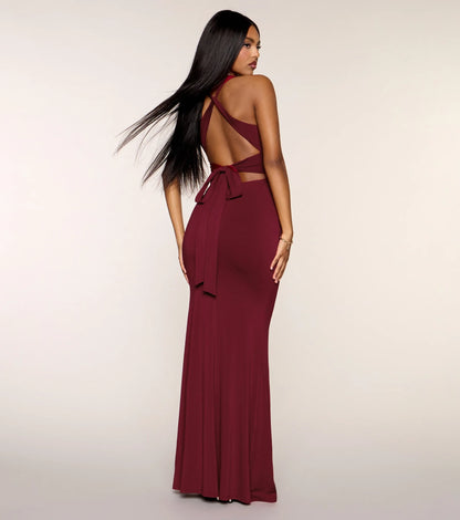 Elegant Mermaid Halter Sleeveless Twisted Front Wine Floor-Length Evening Dress