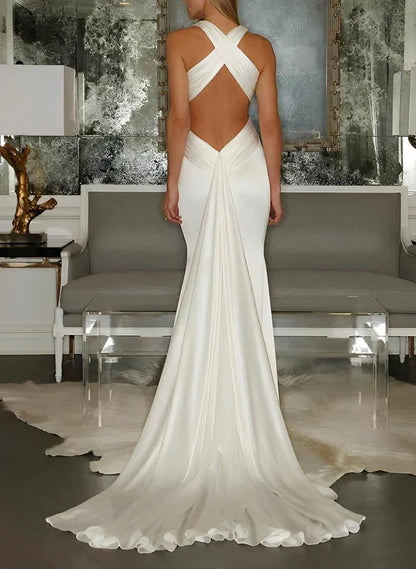 Elegant Mermaid Halter V-Neck Sleeveless Glamorous Ivory Floor-Length Wedding Dresses Bridal Gown