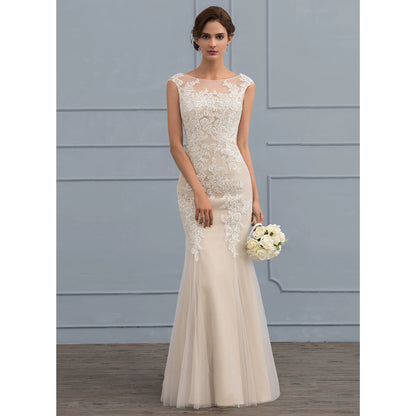 Elegant Mermaid Illusion Boat Neck Cap Sleeves Lace Nude Floor-Length Wedding Gown