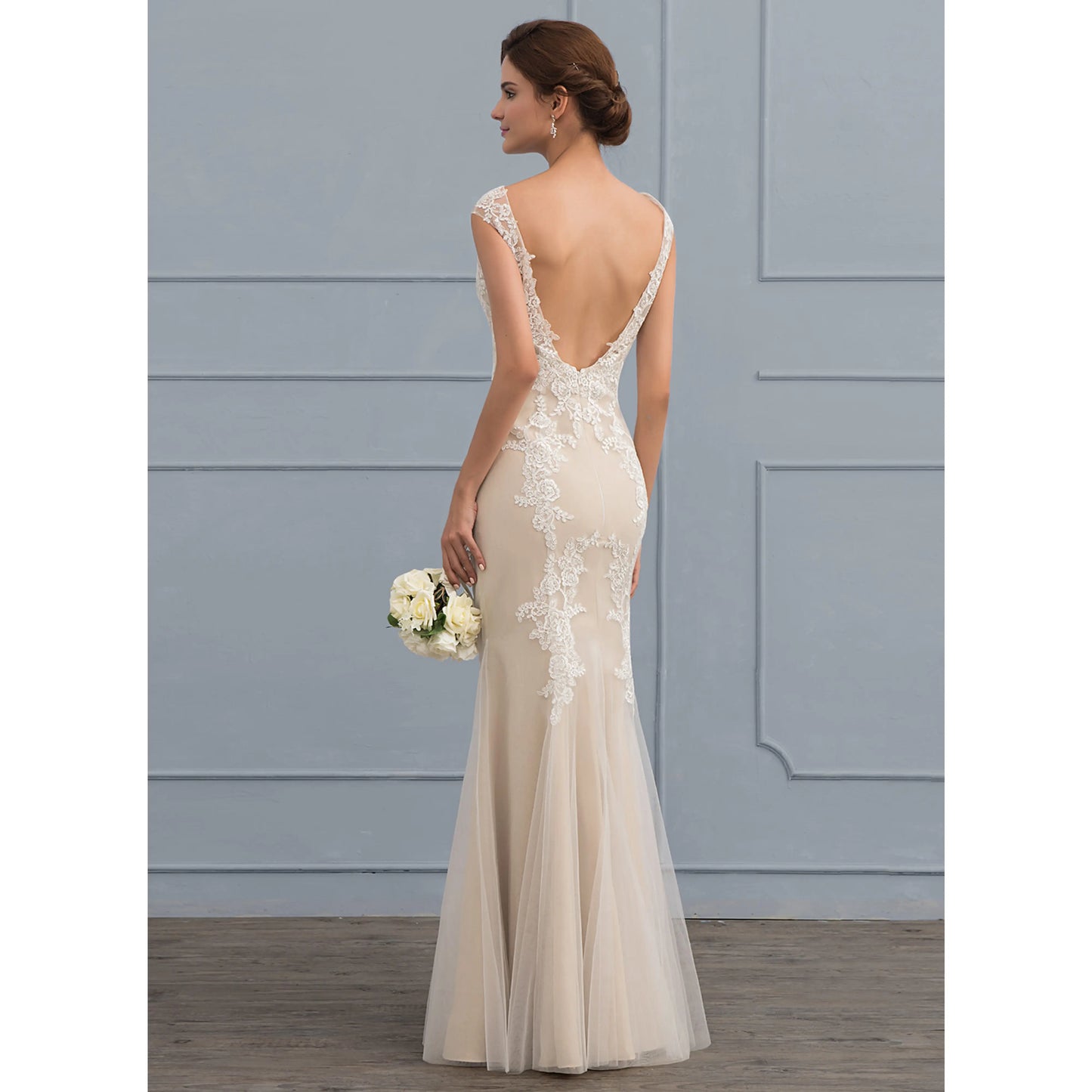 Elegant Mermaid Illusion Boat Neck Cap Sleeves Lace Nude Floor-Length Wedding Gown