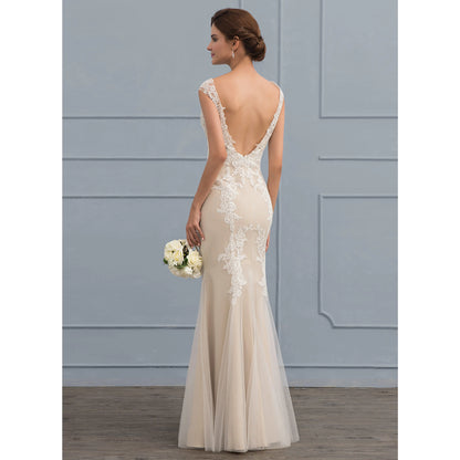 Elegant Mermaid Illusion Boat Neck Cap Sleeves Lace Nude Floor-Length Wedding Gown