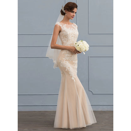 Elegant Mermaid Illusion Boat Neck Cap Sleeves Lace Nude Floor-Length Wedding Gown