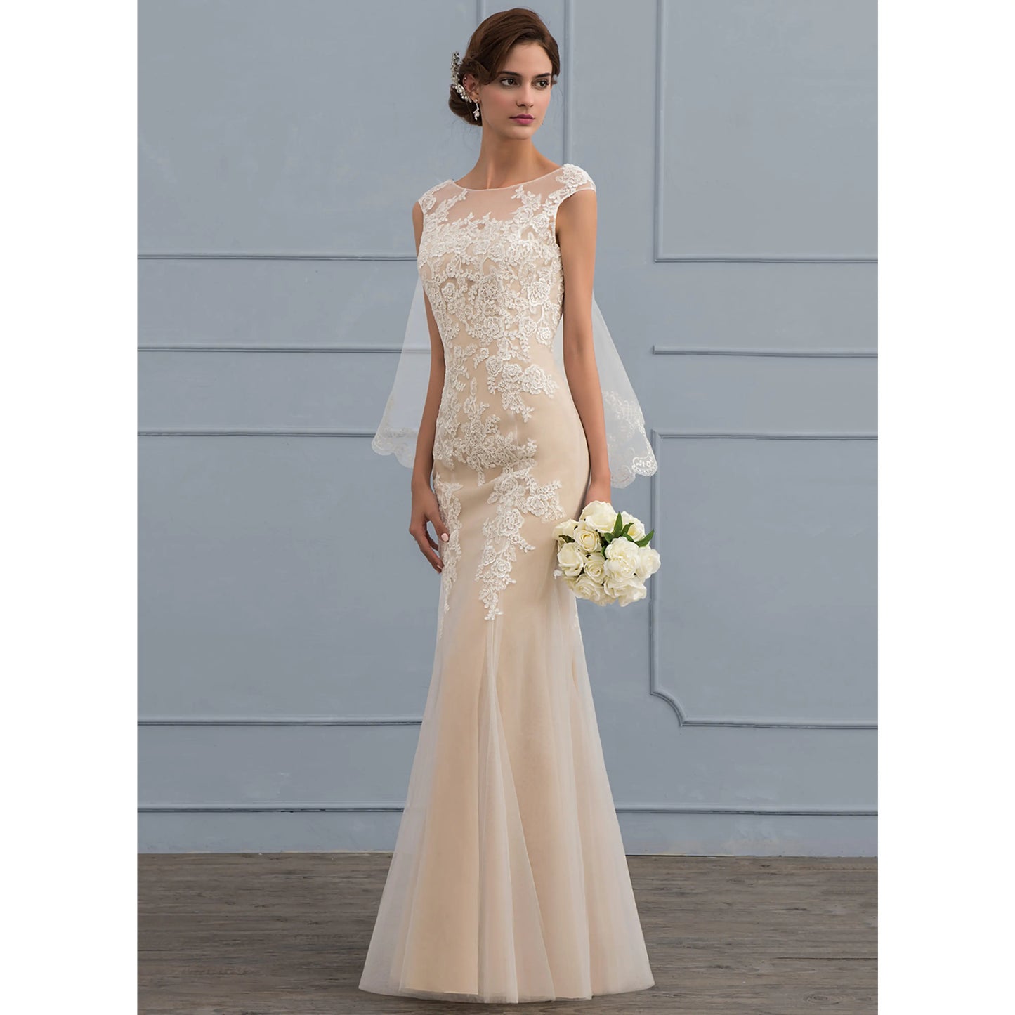 Elegant Mermaid Illusion Boat Neck Cap Sleeves Lace Nude Floor-Length Wedding Gown