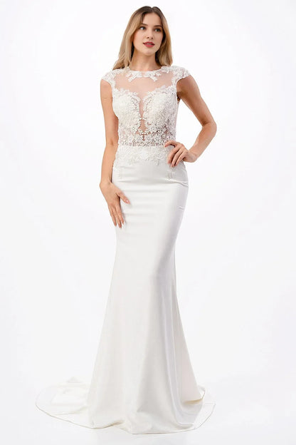 Elegant Mermaid Illusion Cap Sleeve Lace Applique White Floor-Length Wedding Gown