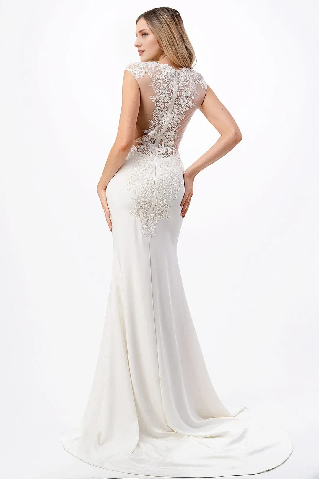 Elegant Mermaid Illusion Cap Sleeve Lace Applique White Floor-Length Wedding Gown