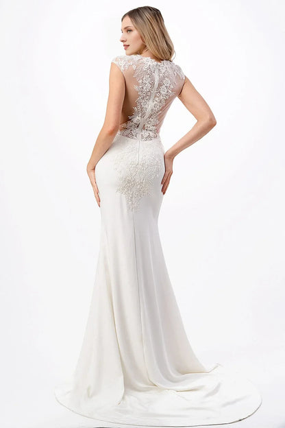 Elegant Mermaid Illusion Cap Sleeve Lace Applique White Floor-Length Wedding Gown