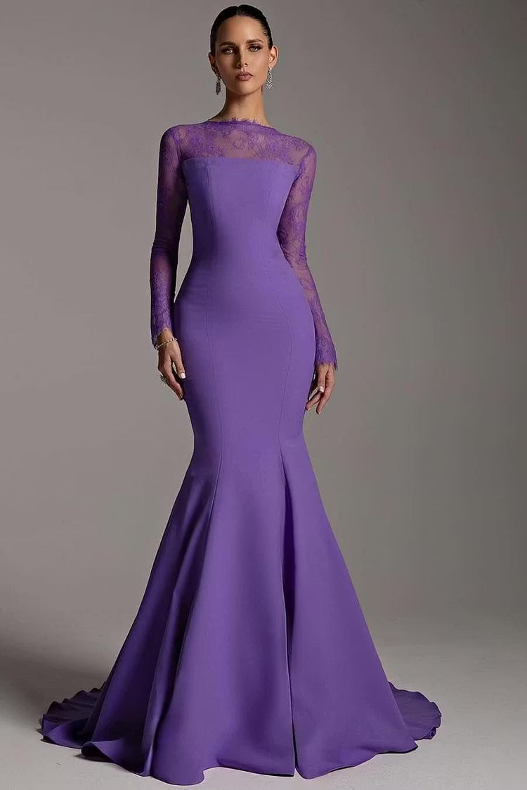 Elegant Mermaid Illusion Long Sleeve Lace Floor-Length Purple Prom Dresses Women's Gown