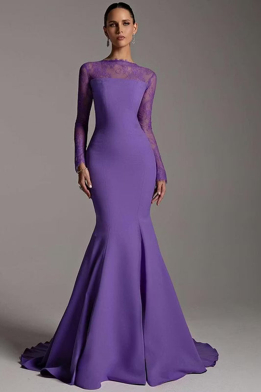 Elegant Mermaid Illusion Long Sleeve Lace Floor-Length Purple Prom Dresses Women's Gown