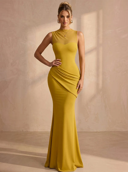 Elegant Mermaid Illusion Sleeveless Ruched Draped Yellow Long Prom Dresses Women