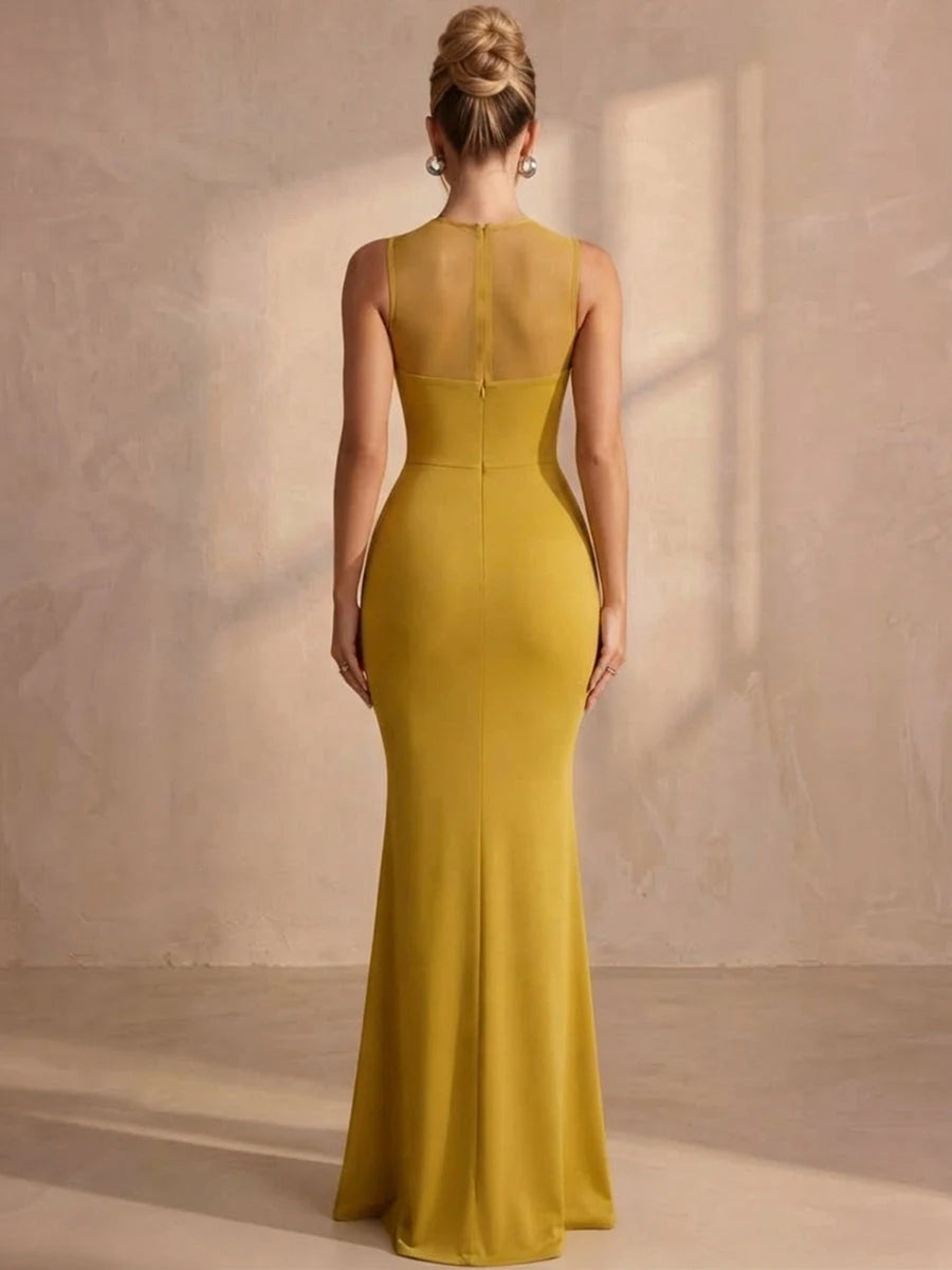 Elegant Mermaid Illusion Sleeveless Ruched Draped Yellow Long Prom Dresses Women