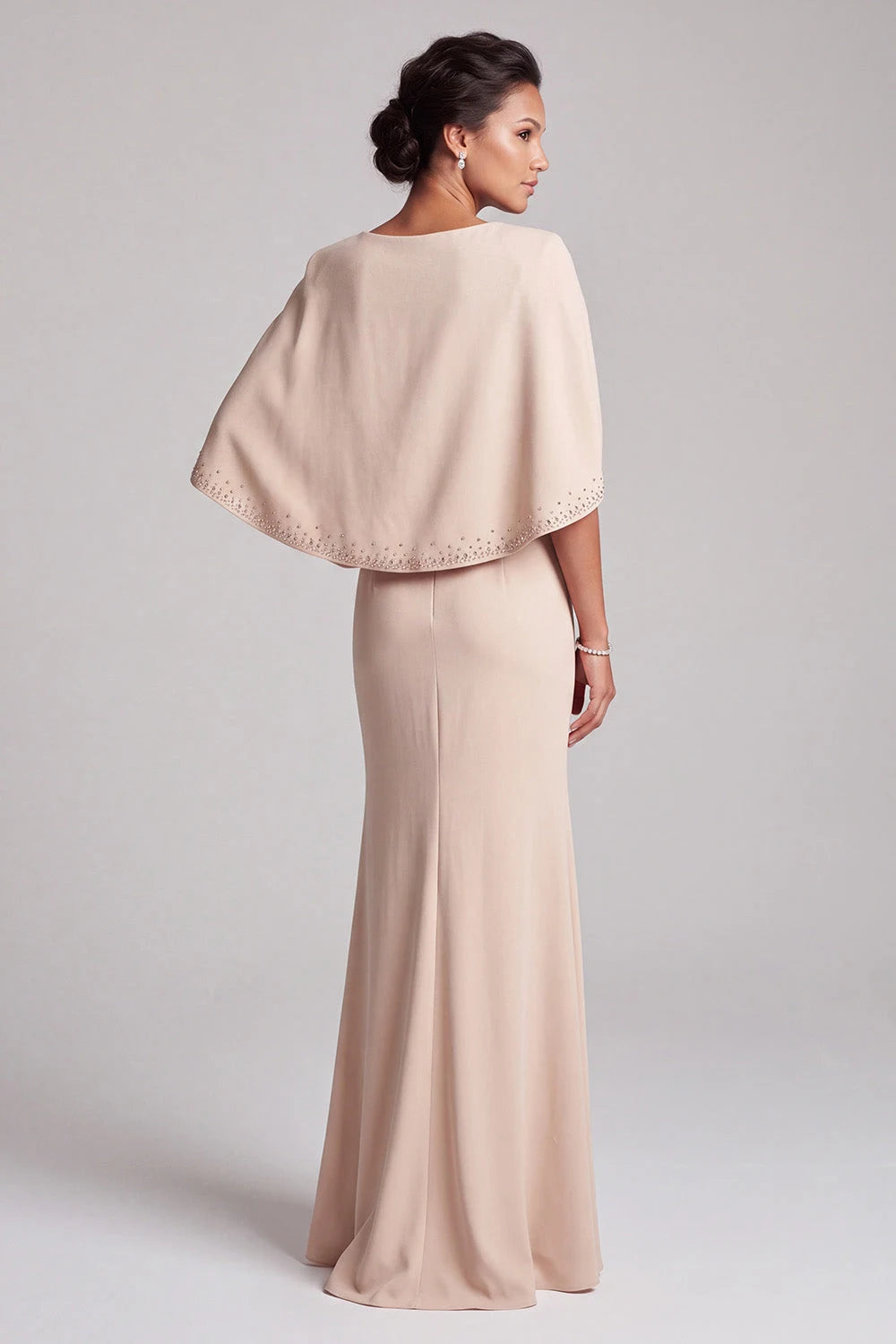 Elegant Mermaid Illusion V-Neck Cape Sleeve Beaded Nude Floor-Length Prom Gown