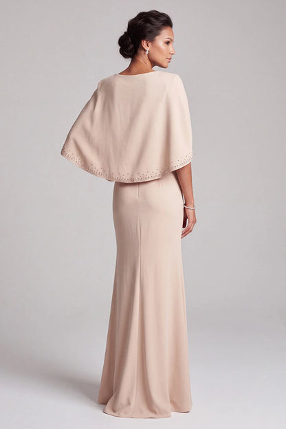 Elegant Mermaid Illusion V-Neck Cape Sleeve Beaded Nude Floor-Length Prom Gown