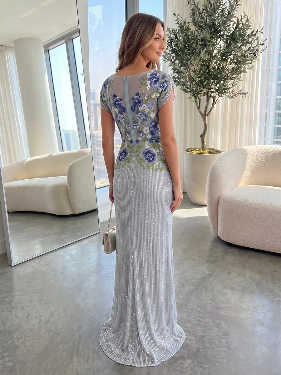 Elegant Mermaid Jewel Neck Cap Sleeve Floral Sequin Silver Floor-Length Prom Gown