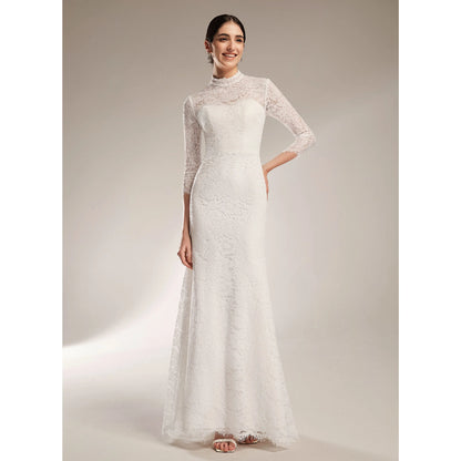 Elegant Mermaid Lace High Neck Three-Quarter Sleeve White Floor-Length Wedding Dress