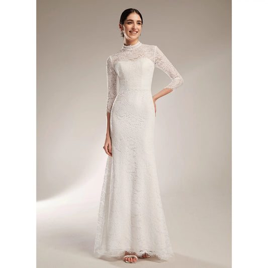 Elegant Mermaid Lace High Neck Three-Quarter Sleeve White Floor-Length Wedding Dress