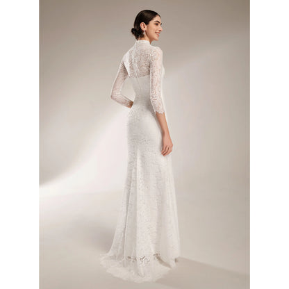 Elegant Mermaid Lace High Neck Three-Quarter Sleeve White Floor-Length Wedding Dress