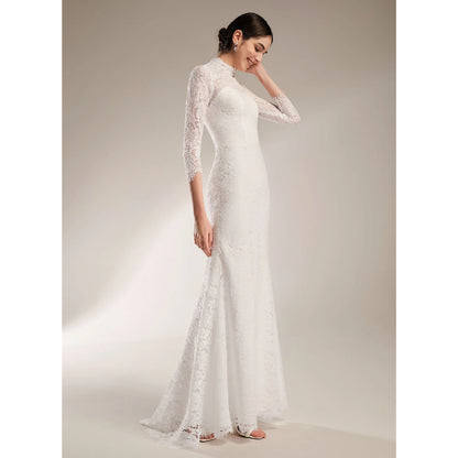 Elegant Mermaid Lace High Neck Three-Quarter Sleeve White Floor-Length Wedding Dress