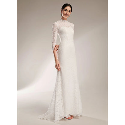 Elegant Mermaid Lace High Neck Three-Quarter Sleeve White Floor-Length Wedding Dress