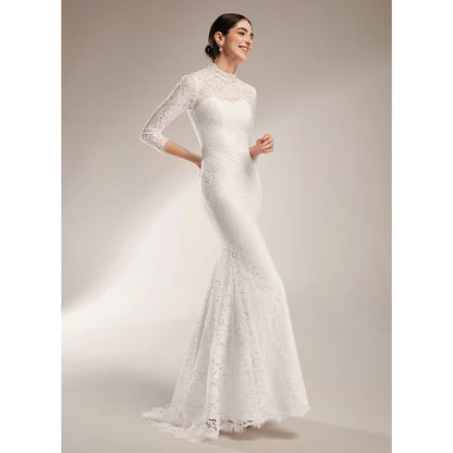 Elegant Mermaid Lace High Neck Three-Quarter Sleeve White Floor-Length Wedding Dress