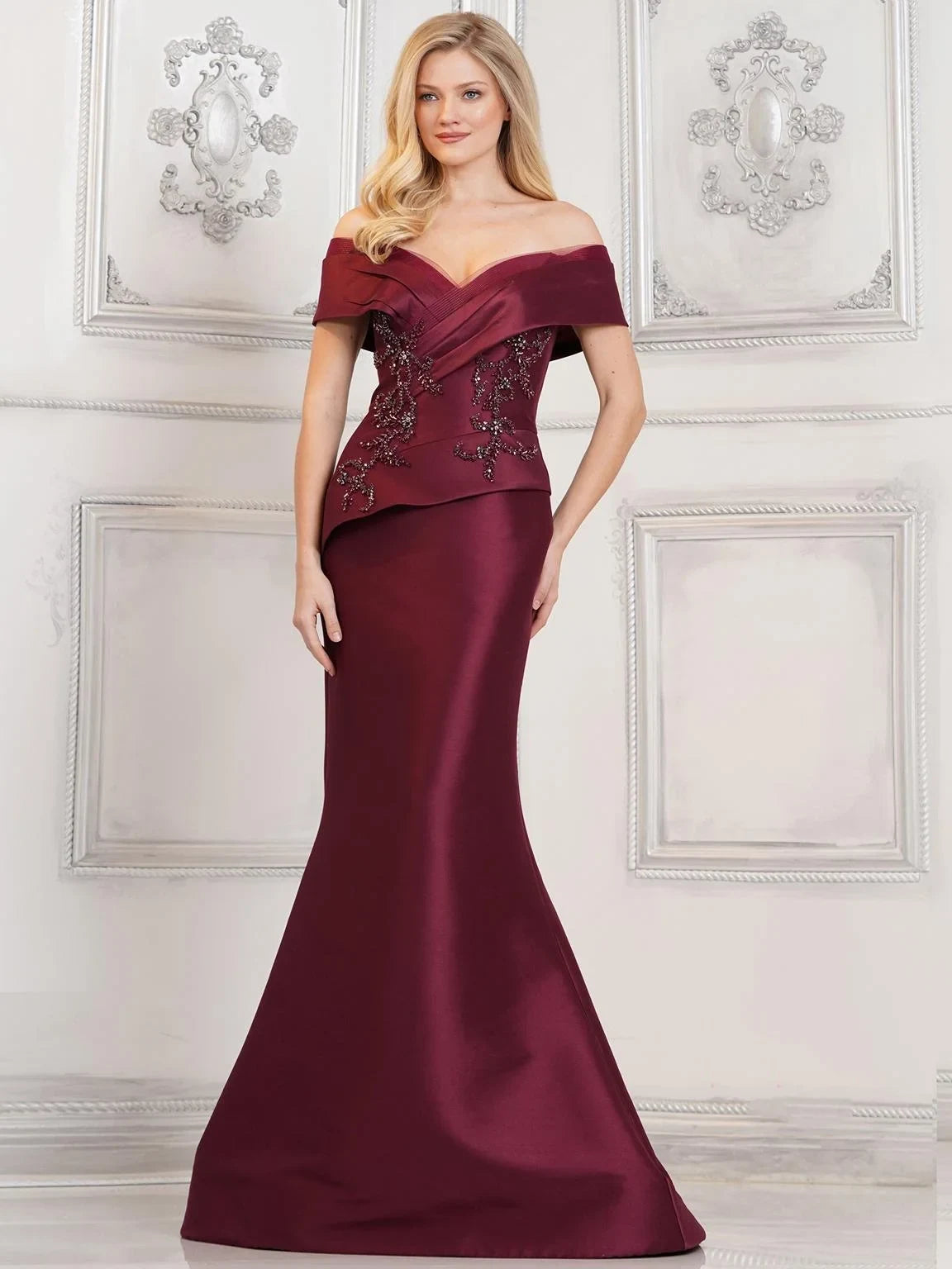Elegant Mermaid Off-Shoulder Beaded Peplum Burgundy Floor-Length Mother of the Bride Gown
