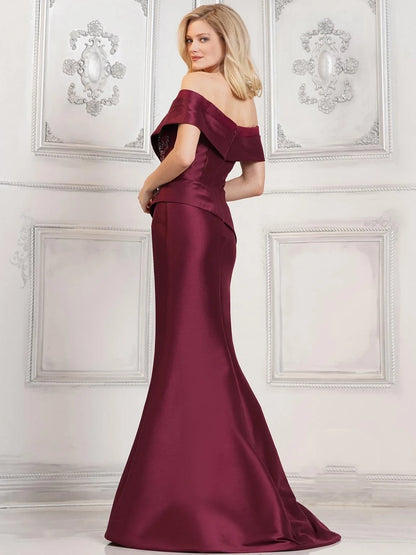 Elegant Mermaid Off-Shoulder Beaded Peplum Burgundy Floor-Length Mother of the Bride Gown